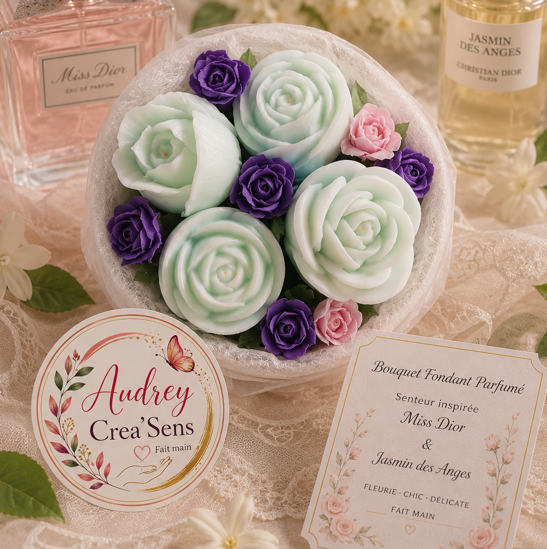 Bouquet de 4 fondants parfumés fait main senteur inspiré de miss dior et jasmin des anges