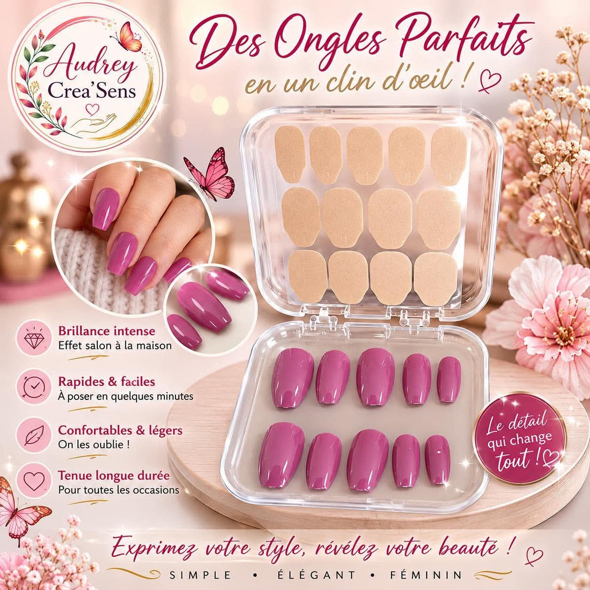 Faux ongles bandelettes rose foncé