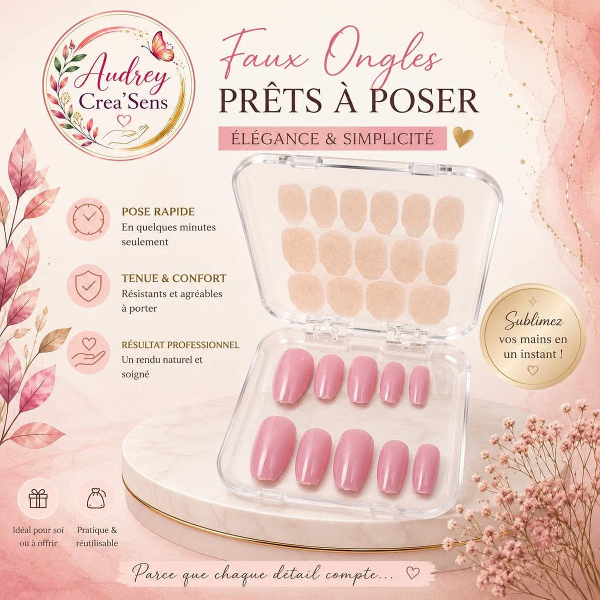 Faux ongles bandelettes rose clair
