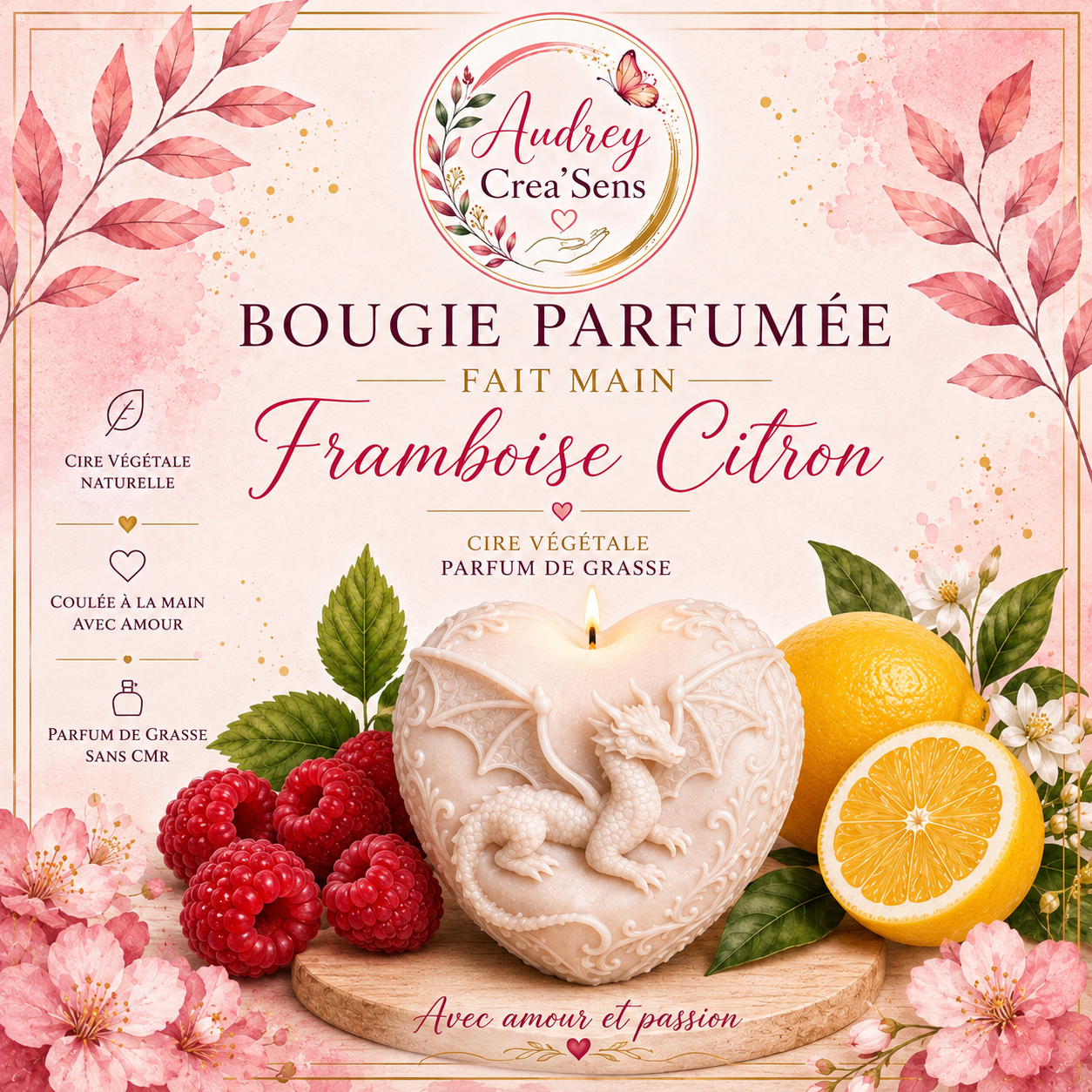 Bougie parfumée fait main senteur framboise citron cœur dragon