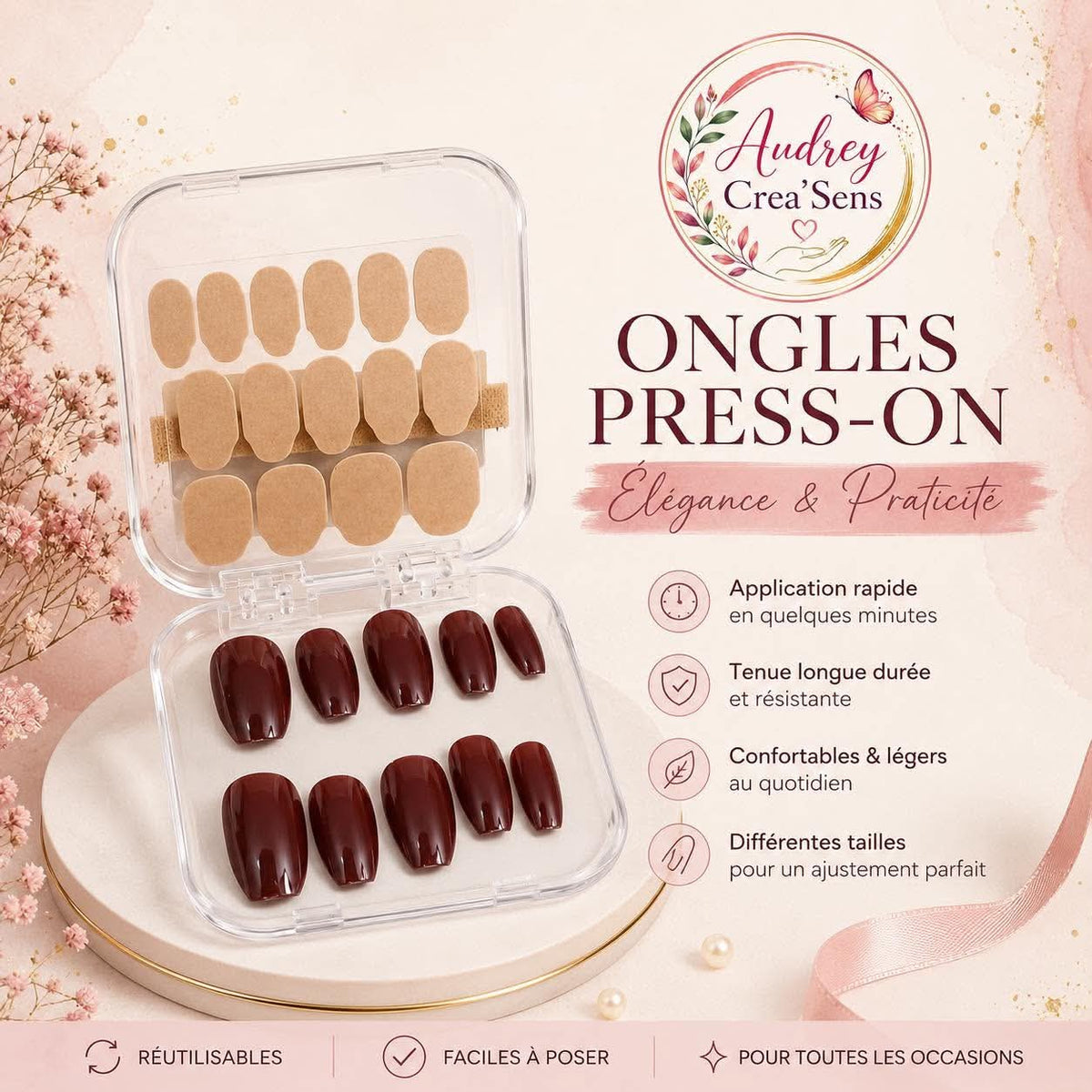 Faux ongles bandelettes bordeaux