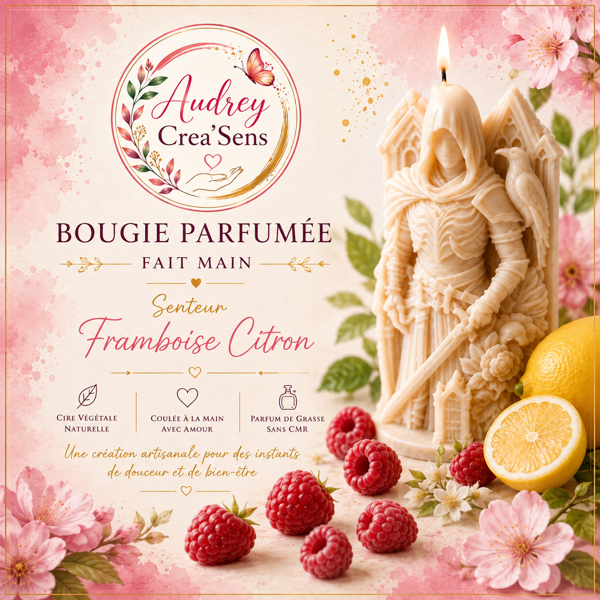 Bougie parfumée fait main senteur framboise citron chevalier